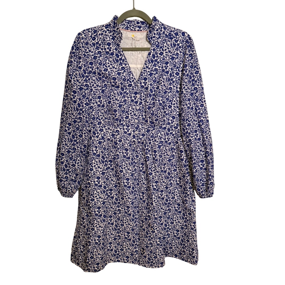 Boden Blue White Floral Cotton Ruffle Neck Dress 10L‎ Long Sleeve Beach Coastal